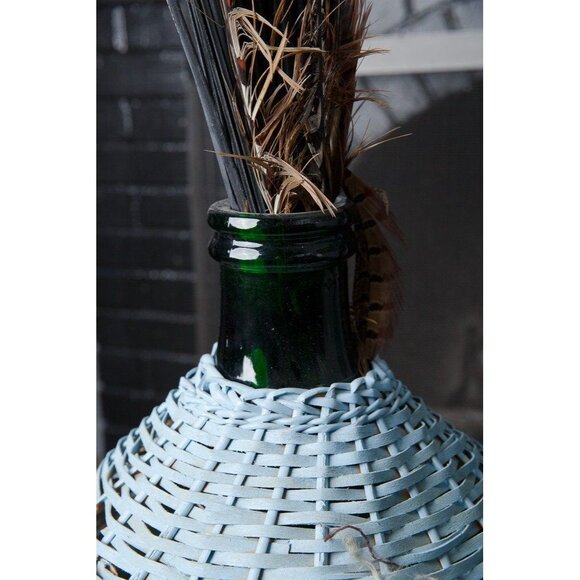 Vintage Carboy Demijohn Green Glass Wine Bottle In Blue Wicker Basket With Straw - Picture 2 of 6